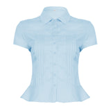 Style Organ Folds Solid Color POLO Collar Short-Sleeved Shirt To Close Short Buckle Umbilical