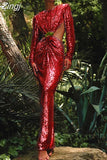 Shiny Sequins Hollow Backless Long Dress Elegant O-Neck Long Sleeve Flower Buckle Design Slim Dress Party Cocktail
