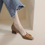 Zingj 2023 New Fashion Square Head Shallow Metal Buckle Thick Heel Single Shoe Medium Heel Women's