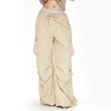 Babes Straight Broad Leg Pocket Spliced Striped Waist Trousers Tying With Trend Casual