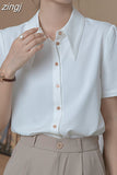 Women's Shirts Summer Pointed Neck Shirt Fashion Silk White Shirt Short Sleeve Blouse Womens Tops Elegant Female