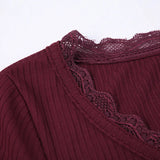 Lace Trim Rib Long Sleeve Slim Tee-Outfit