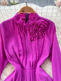Vintage Purple/Green/Orange Long Dress Women Elegant Stand Collar Flare Sleeve High Waist A-Line Slim Tie Flower
