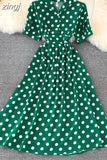 Women Polka Dot Midi Dress Vintage V-Neck Single Breasted Short Sleeve A-Line Vestidos Female Elegant New Fashion