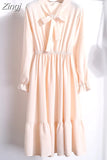 Women Dress Chiffon Elegant Vintage Bow Collar Long Sleeve Autumn Winter Midi Shirt Dresses 2023 Solid Slim Clothes