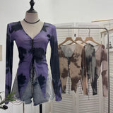 Real Shooting Hottie Slear Dye Printing V Tie With Hollow Irregular Shoulder Long-Sleeved T-Shirt