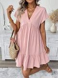 Women's Dress 2025 Summer Holiday Windy Windy Leaves Edge V Collar Solid Loose Short