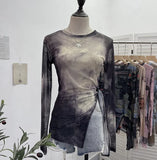 Tie-Dye-Print Net Yarn Jersey Long-Sleeved Top Irregularly T-Shirt With Thin Short T-Shirt
