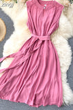 Solid Green/Blue/Yellow Casual Dress Elegant Sleeveless Round Neck Sashes Dresses Vintage 2023 New Fashion Vestido
