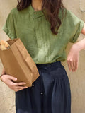 Linen-Based Lilies Design Feel Small Gentle And Comfortable Temperament Asymmetric Collar Short-Sleeved Shirt