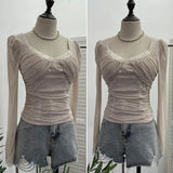 Wind Belt Chest Mat Lace Splicing Mesh Yarn Long-Sleeved T-Shirt Short Slim Top