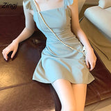 Women Dress Square Collar Sleeveless Ruffles Sundress Slim Simple Party Temperament Female Clothing Solid Elegant