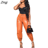 Drawstring PU Leather Joggers Pants Women Harem Trousers Solid Color High Waist Slim Long Pants Elegant Lady