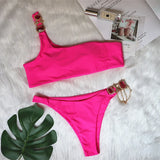 Zingj New Swimsuit Luxury Crystal Diamond Chain Female Split Swimsuit Plain Color One Shoulder Sexy