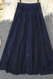 Summer Solid Lace Skirt Women Sweet Mesh High Waist Elegant Office Ladies Korean A-Line Long Skirts