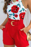 Summer Round Neck Sexy Tank Top and Tropical Print Shorts Set With Belt Two Piece Suit Sleeveless Tops Party Wear