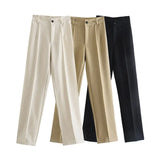 Waist Zipper Pants Chic Office Lady Casual Pantalon for Women Vintage Female Trousers 2023 Solid Straight Women's