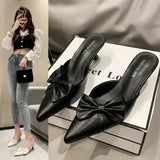 Elegant Wind Pointed Head Shallow Bow Thin Heel Show Thin Head Half Slippers Female Outside Wear Fashion Temperament Half