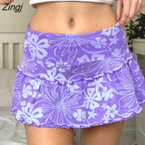 Women's Summer Ruffles A-Line Mini Skirt Y2K Style High Waist Floral Print Frill Trim Above Knee Short Skirt