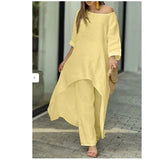New Women's Cotton And Cotton Fashion Casual Large Code Irregular Long-Sleeved Set Of Wide Leg Pants Two