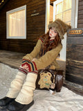 Brown V-neck Letter Print Oversize Sweater- Outfit