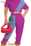 Workout Jean Patchwork Women Two 2 Piece Set Outfits Sweatsuit 2023 Summer Tee and Jogger Pants Matching Set