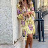 Spot 2025 New Women's Fashion Temperament Print Long Sleeve V Tie