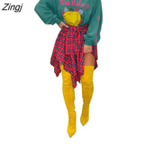 Women Plaid Print Irregular High Waist Knee Length Skirts 2023 Summer Holiday Streetwear Lace Up Waist