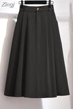 Women Cotton Skirt 2023 Spring Summer Preppy Style Solid Casual Elegant Pocket Elastic High Waist A-Line Midi Skirts