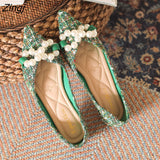 Green Soft Pointed Toe Flat Shoes Women Ballet Shoes 2023 Spring New Pearl Bow Korean Ladies OL Office