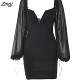 Backless Pleated Dress Women New Year 2023 Elegant Casual Solid Double Layer Mesh Mini Evening Dresses Female