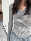 Ribbed Patchwork V Neck Slim Long Sleeve Knit- Outfit