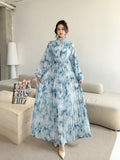 Light Luxury Temperament Dress Female High-End Feel Strapped Waist Three-Dimensional Flower Lantern Sleeve Print