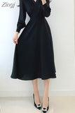 V-neck Puff Sleeve A-line Maxi Dresses for Woman Women Solid Color Midi Robe Korean Office Dresses Elegant Spring