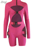 Women Bodycon Buckle Cut Out Biker Rompers Sexy Long Sleeves Hollow Out Clubwear Bodysuit One Piece Short Jumpsuit