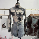 Shooting Wave Side Half-High Collar Net Yarn Dyed Long Sleeve Thin Inside The Bottom Shirt Autumn And Winter Folded T-Shirt