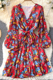 Women Floral Draped Mini Dress Bohemian Female V-Neck Puff Long Sleeve High Waist Bandage Pleated Vestido Female Robe
