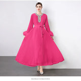 Women's Dress 2025 New Famous Heavy Industry Drilled Hair Sleeves To Close The Waist Pressure Folding Long
