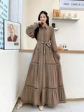 High-End Retro Collar Single Buckle Lantern Sleeve Dress Women's Hollow Lace To Receive Long Waist