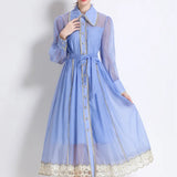 Light Luxury Tidive Lace Splicing Single-Ditch Lantern Sleeve Dress Female Waist Temperament Elegant