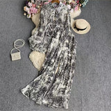Suit Female Korean Version Of The Lantern Sleeves Loose Single-Chamed Dizzled Dyed Printed Shirt Three Sets Of High-Rise Broad-Legged