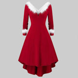 Women Christmas Dress Elegant Puff Long Sleeve Faux Fur Collar Midi Party Costume Xmas New Year Festival