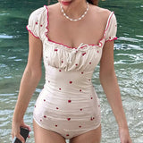 Desire Atmosphere Feeling Cherry Printed Wood Ear Splicing Swimming Suit Square Collar Back Dewy Back Design Sexual Bubble Sleeve