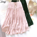 Cotton Pleated Skirt Women Drawstring Elastic High Waist Long Skirts Daily Beach Boho Black White A-line Skirt Faldas