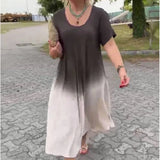 Women's Summer Short-Sleeved Korean Version Of The Design Of The Gradual Change Of Color In The Long T-Shirt Dress