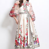 Retro Cross-Lace With Waist V-Neck Yarn Lantern Sleeves Thin Temperament Print