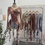Shooting Ribbon Mesh Yarn Leaf Side Retro Print V Collar Horn Sleeve Top Spring And Summer Short Repair T-Shirt