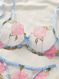 Blue Sheer Rose Embroidered Lingerie Set- Outfit