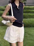 Tiansi Linen Tibetan Blue Cool Design Small Gentle Polo Collar Sleeveless Vest Topess Female