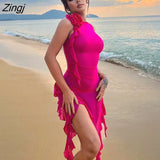 Tulle Flower Asymmetrical RUFFLES O-Neck Tank Mini Dress Women Mesh See Through Sexy Wrap Dress Elegant Slim
